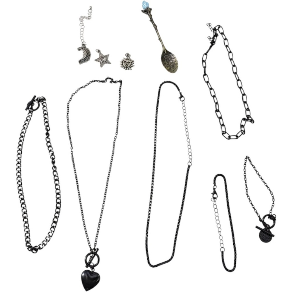Gothic Celestial Jewelry Lot Black Heart Locket Sun Moon Star Charms Spoon O5